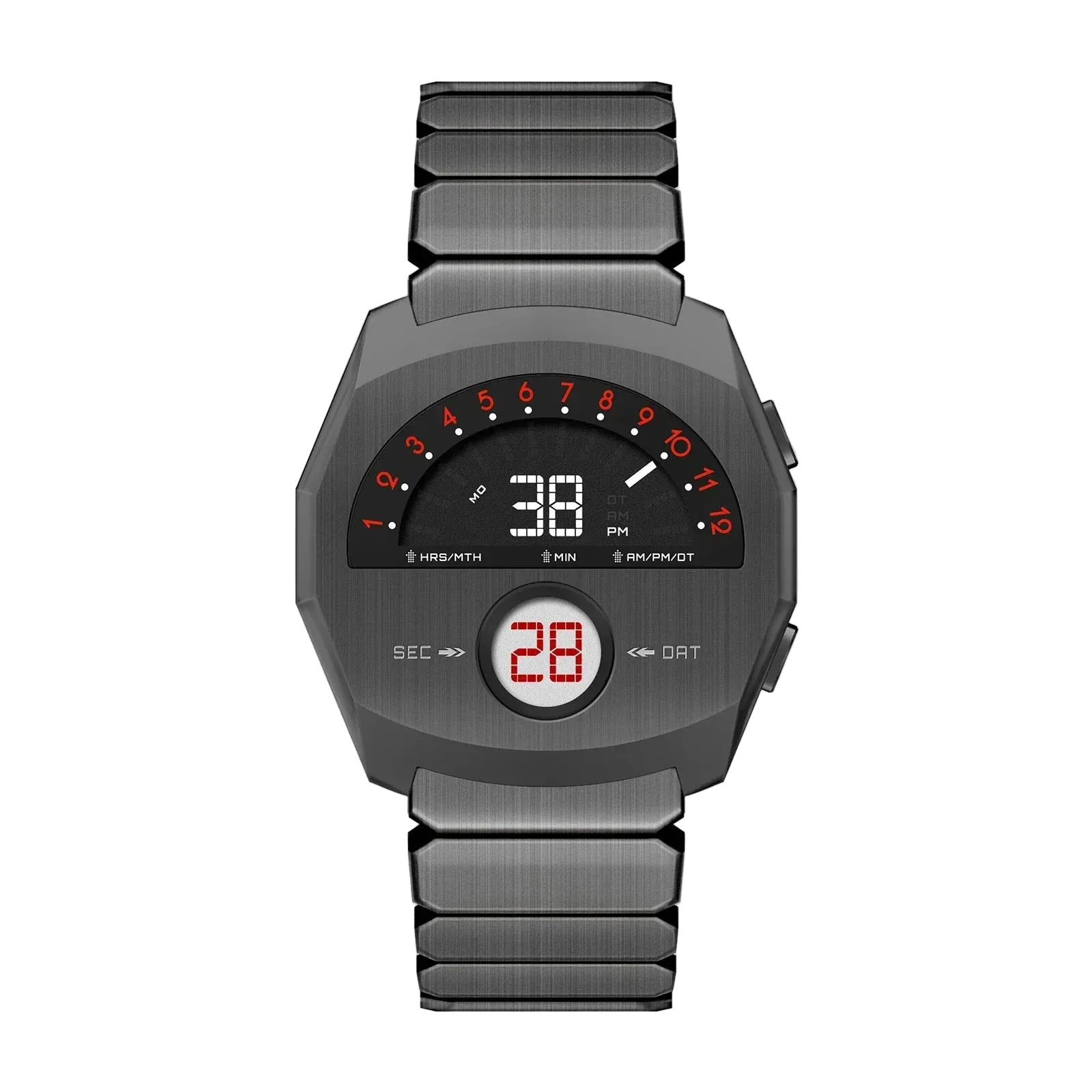 Fiorist futuristic digital metal watch with dual display and metal bracelet by GIORGIO MARENO, showcasing its sleek, modern design.